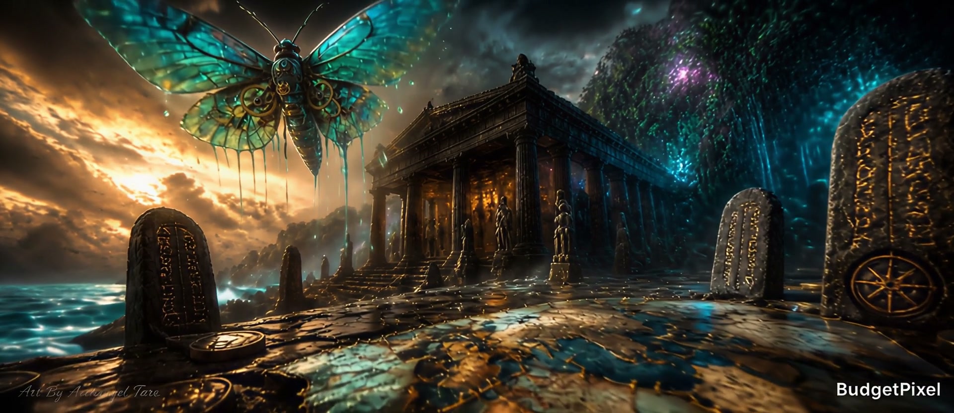 Fantasy scene of a colossal iridescent butterfly above an ancient ruined temple by the sea at sun...