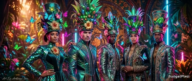 Five performers in shimmering, feathered carnival costumes with tall headdresses in a neon tropic...