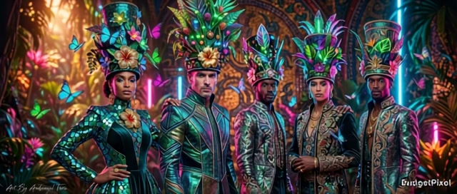 Six performers in neon, ornamental costumes with towering feathered headdresses in a tropical, fa...