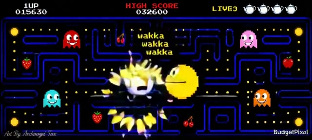 Retro arcade Pac-Man maze scene with yellow Pac-Man, colorful ghosts, and neon pathways.