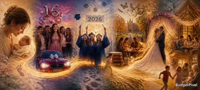 Vibrant collage of graduation, wedding, baby, and family celebrations around 2026.