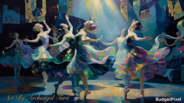 Surreal painting of ballerinas en pointe dancing under a spotlight, in iridescent flowing dresses...