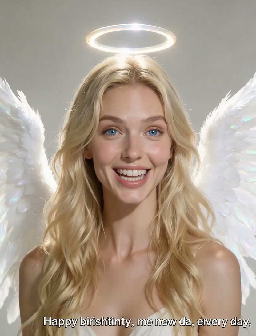 Smiling blonde angel with glowing halo, iridescent white wings, garbled AI subtitle at frame bottom