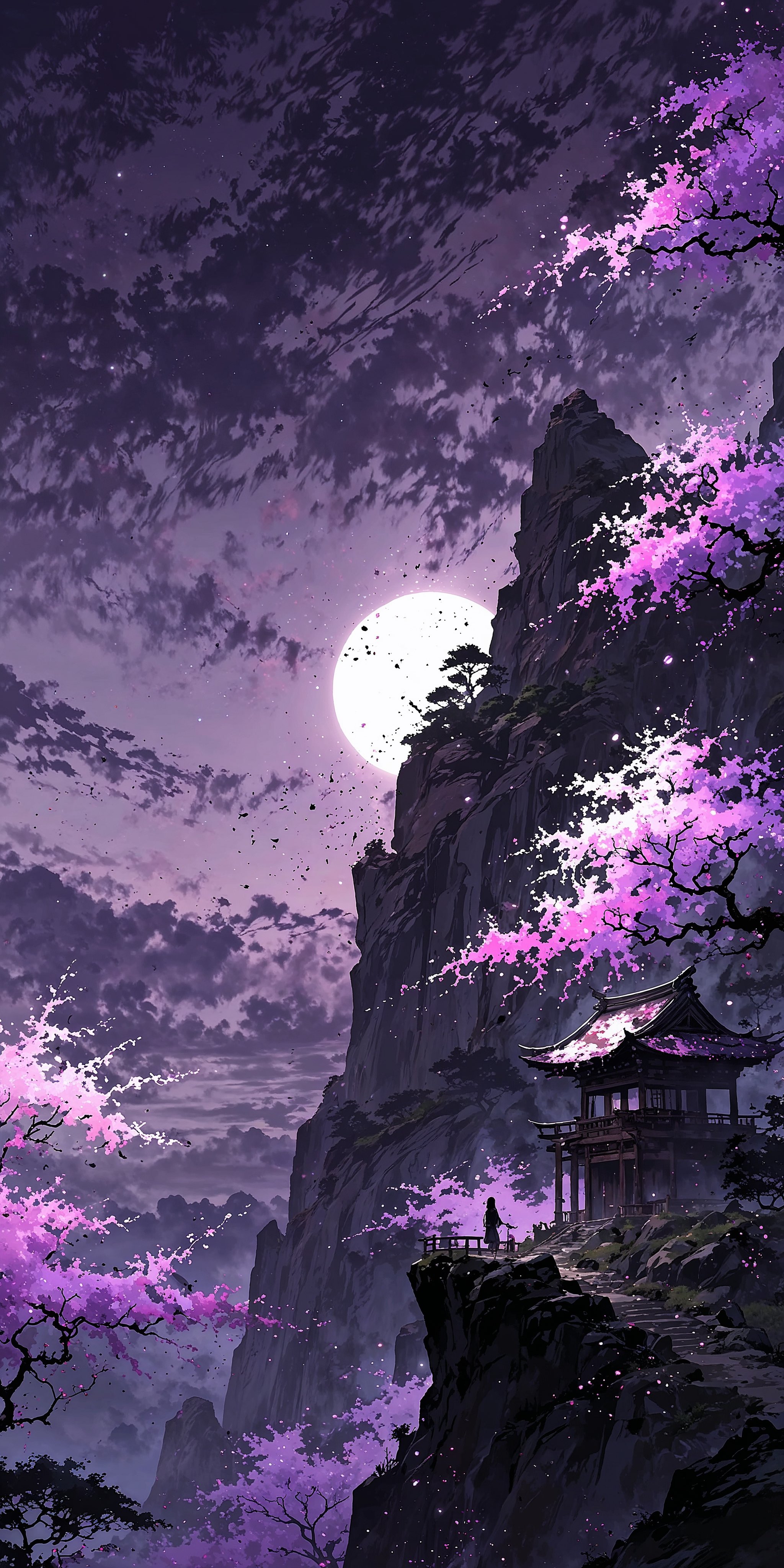 Moonlit purple cliffside with cherry blossom trees and a traditional pagoda on a rocky ledge.