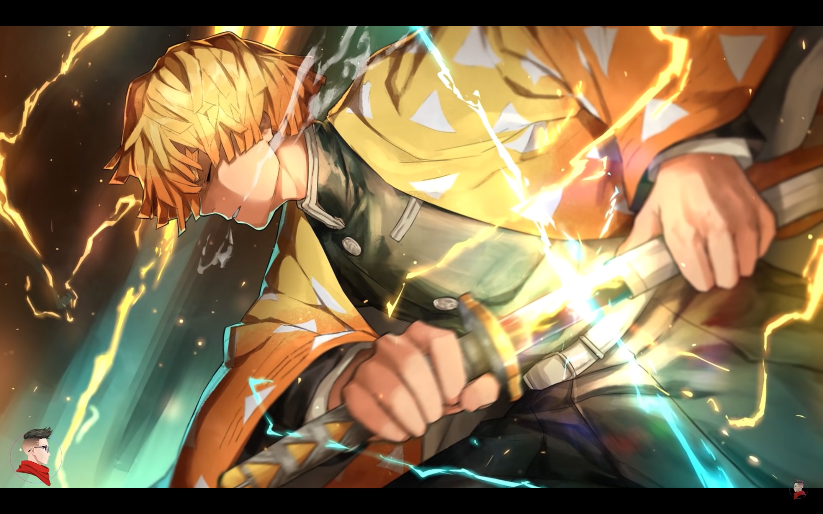 Anime-style male warrior with yellow hair wielding a glowing sword amid electric energy.