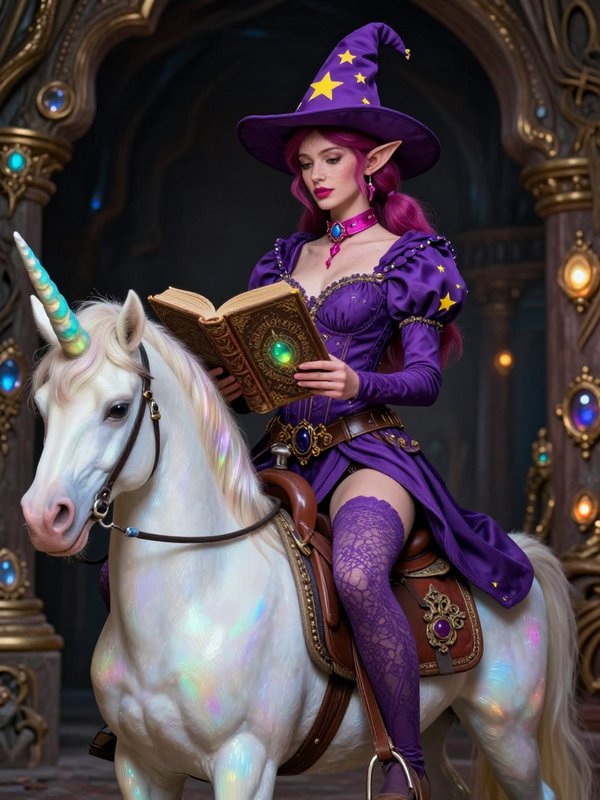 Sorceress in a purple witch costume riding a white unicorn with a glowing horn.