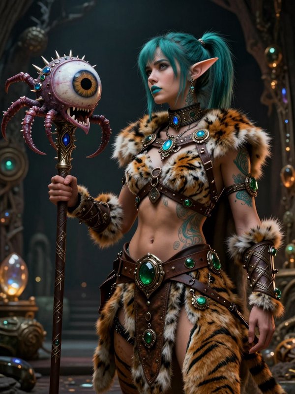 Cosplay elf warrior with teal hair, tiger fur armor, and a magical eye-staff.