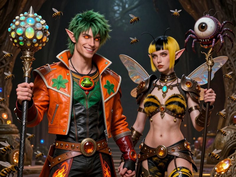 Cosplay duo in fantasy elf costumes with magical staffs in a mystical forest setting