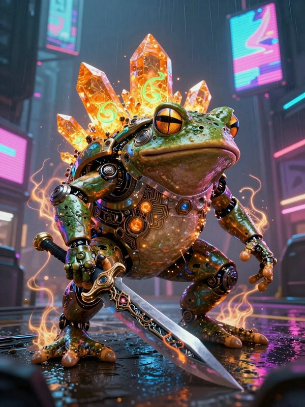 Cyborg frog warrior with glowing crystal crown wielding a curved sword in a neon cyberpunk city.
