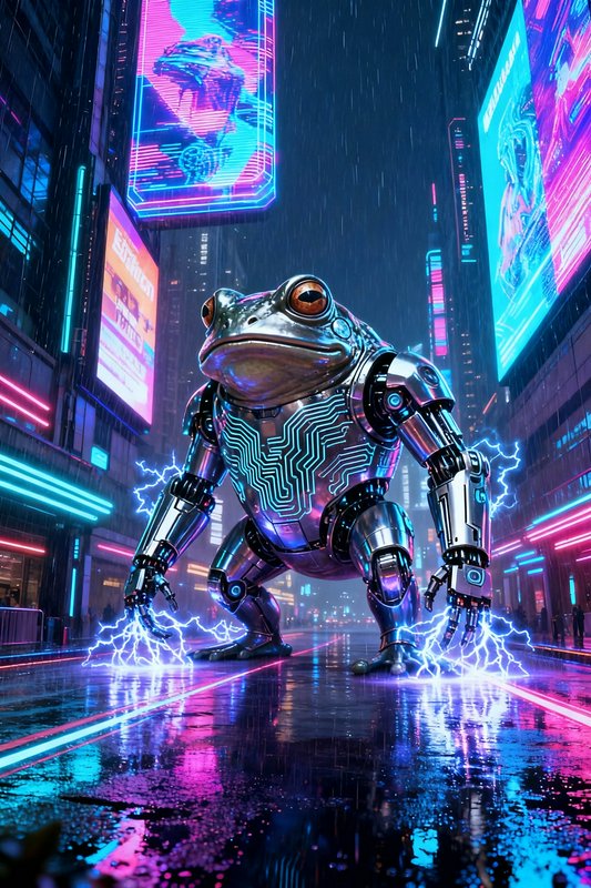 Futuristic robotic frog in neon-lit, rain-soaked city with glowing circuitry and electric sparks