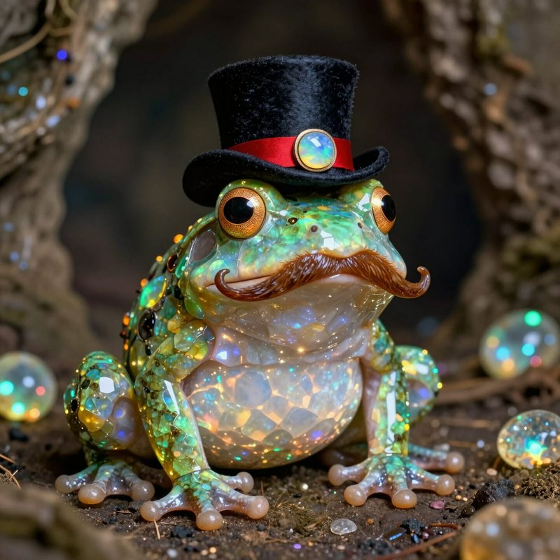 Glittering frog sculpture with a top hat and mustache, covered in iridescent mosaic tiles.