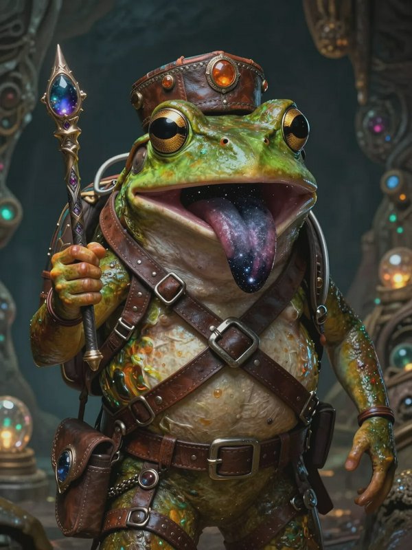 Colorful anthropomorphic frog in leather adventurer gear with jeweled crown and magical staff