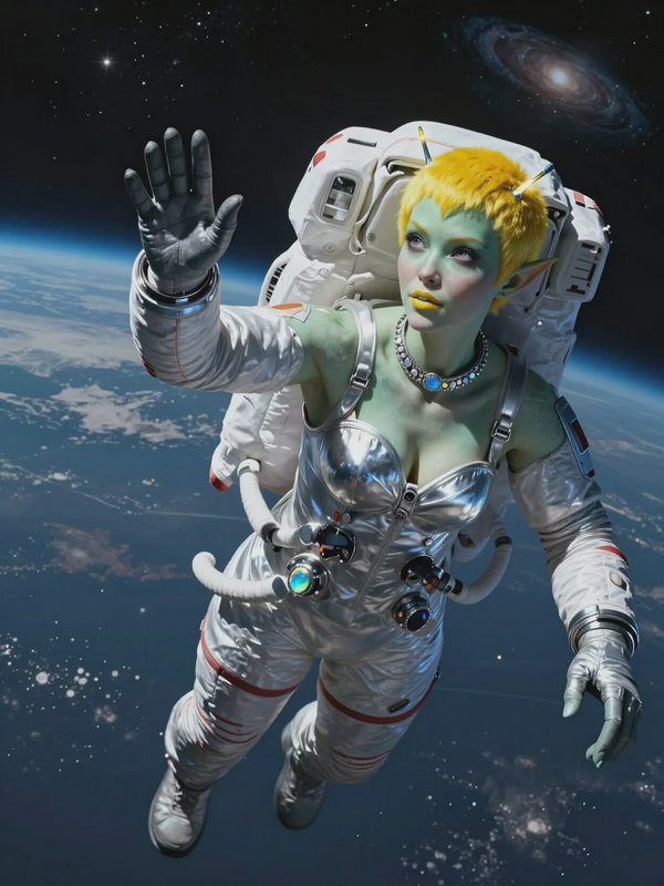 Alien astronaut with yellow hair in a silver space suit reaching toward the viewer above Earth.