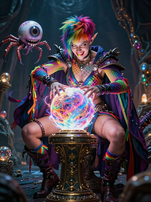 Rainbow-haired elf sorceress in colorful armor conjuring a glowing crystal ball.