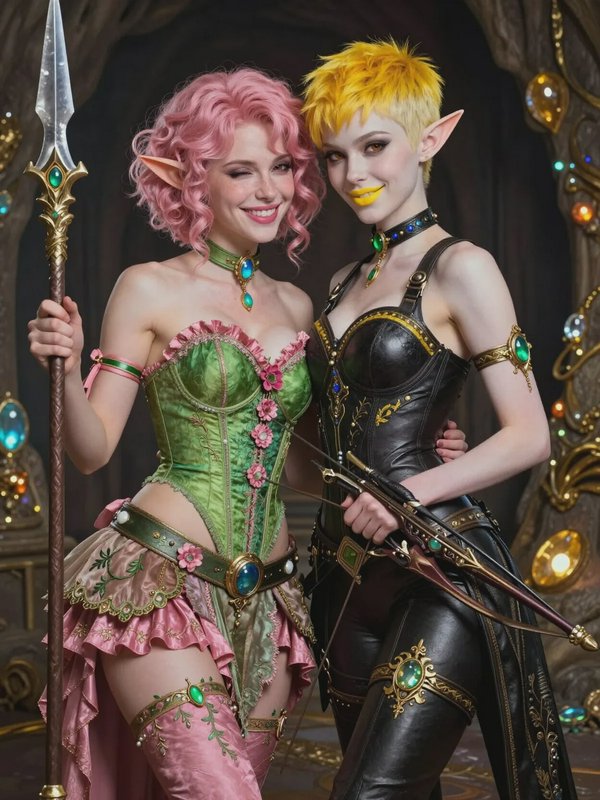 Two elven cosplayers in colorful fantasy armor posing with swords in a decorative setting.