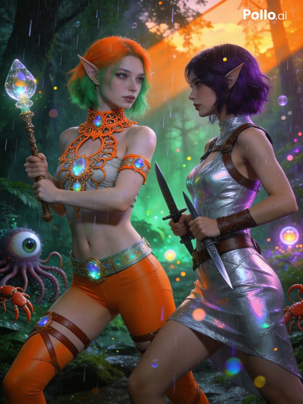 Two elf-like women in fantasy armor duel in a neon forest, rain, with a glowing staff and twin da...
