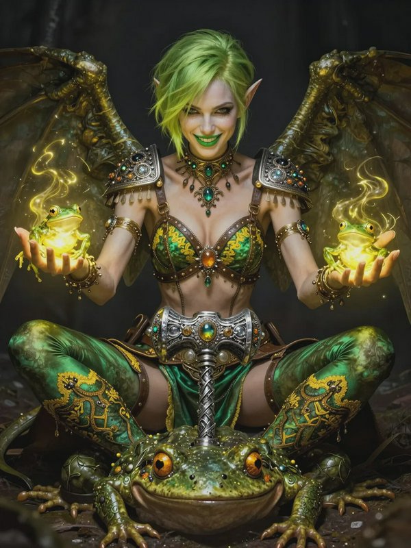 Green-haired elf warrior with wings sits atop a jeweled frog, glowing magical orbs in her hands.