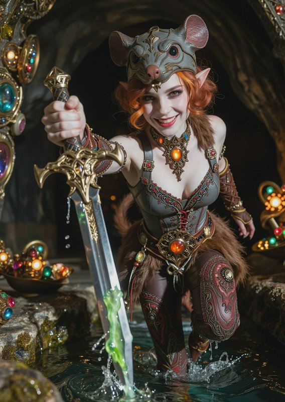 Cosplay elf warrior in ornate armor wields a glowing sword in a fantasy cavern.