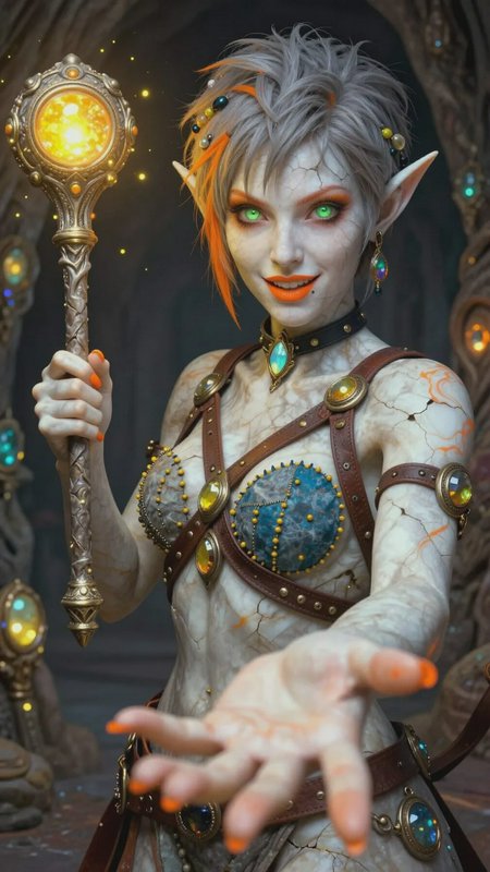 Fantasy elf sorceress with glowing ornate staff, pale skin, green eyes, and leather-studded armor.