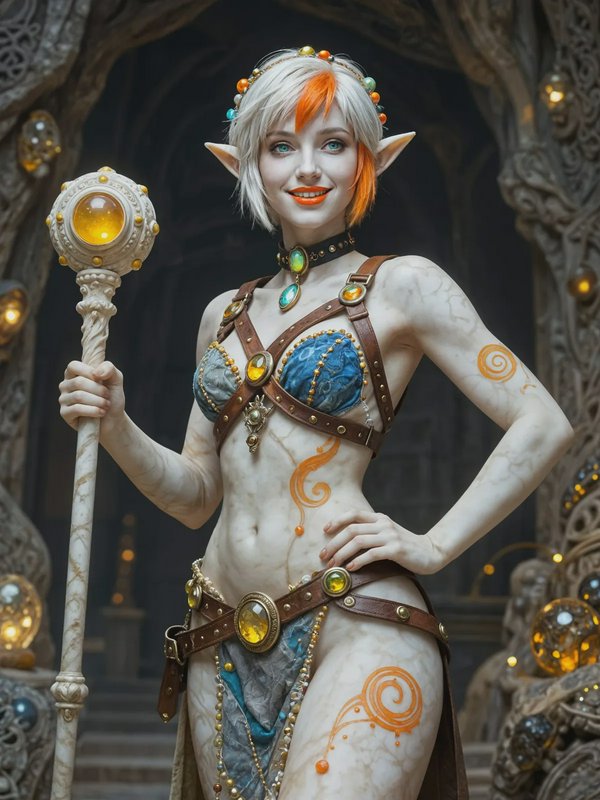 Cosplay elf mage with orange-streaked hair, ornate staff, and fantasy armor in a mystical setting.