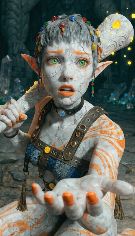 Fantasy elf with cracked stone skin, orange markings, and colorful bead-studded hair in a dim mag...