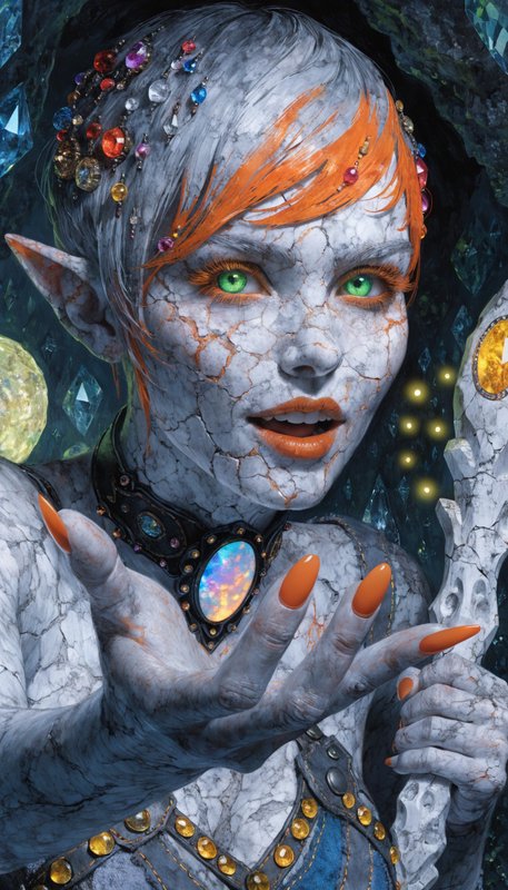 Fantasy elf with cracked stone-like skin, orange hair, green eyes, and jeweled headpiece.