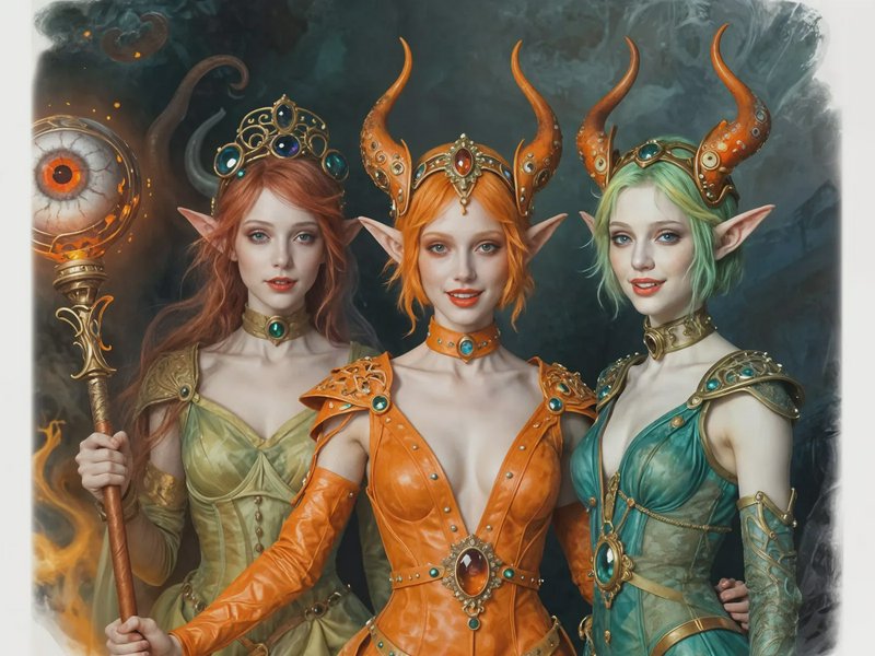 Three fantasy elf queens with horned crowns in ornate green and orange outfits, posing together w...