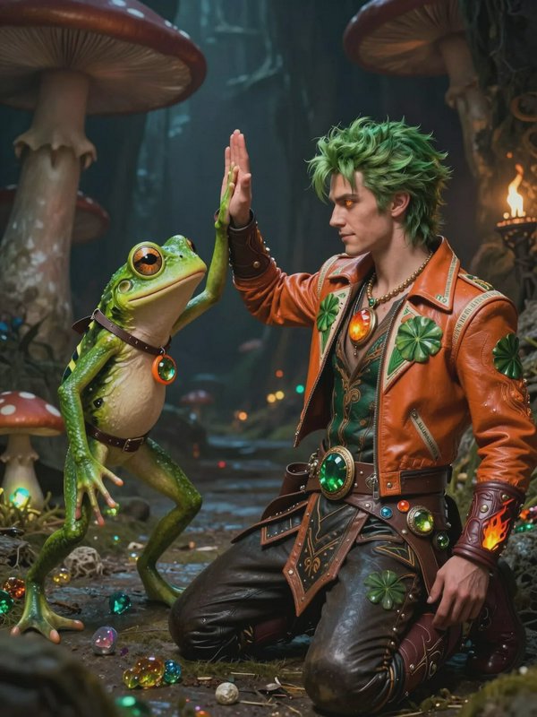Cosplay of a green-haired character in an orange jacket giving a high-five to a green frog in a f...