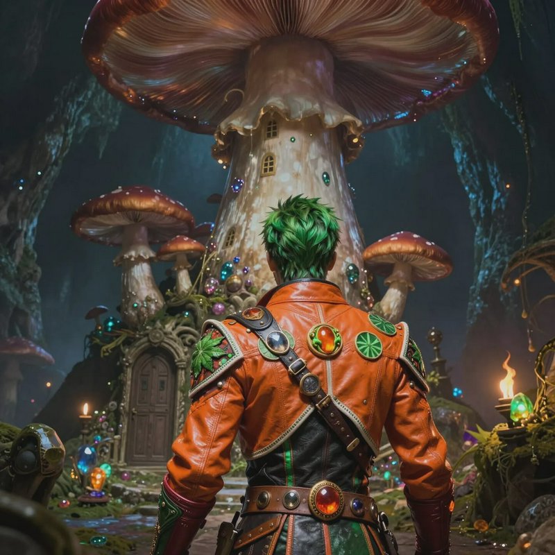 Back view of a character with green hair in an orange leather jacket amid giant glowing mushrooms...