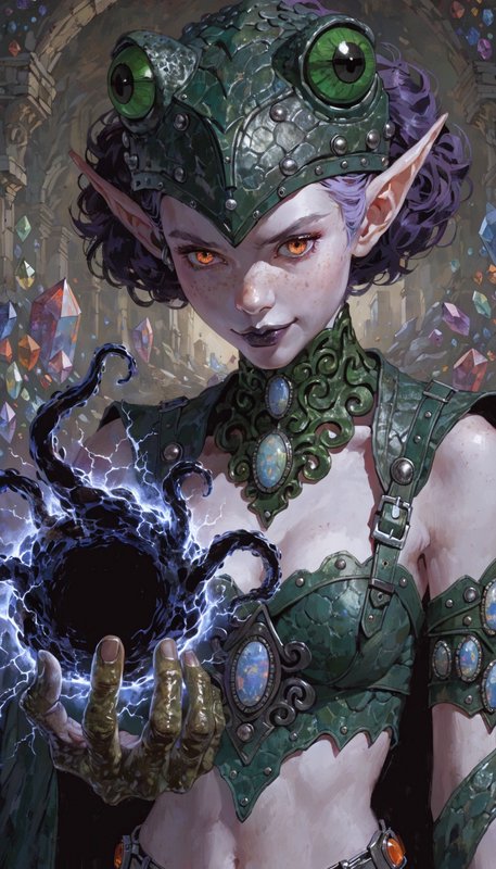 Fantasy elf sorceress with frog-themed metallic helmet, glowing orange eyes, and a dark magical e...