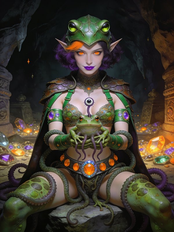 Elf sorceress in frog-themed armor holds a frog in a treasure-filled cavern.