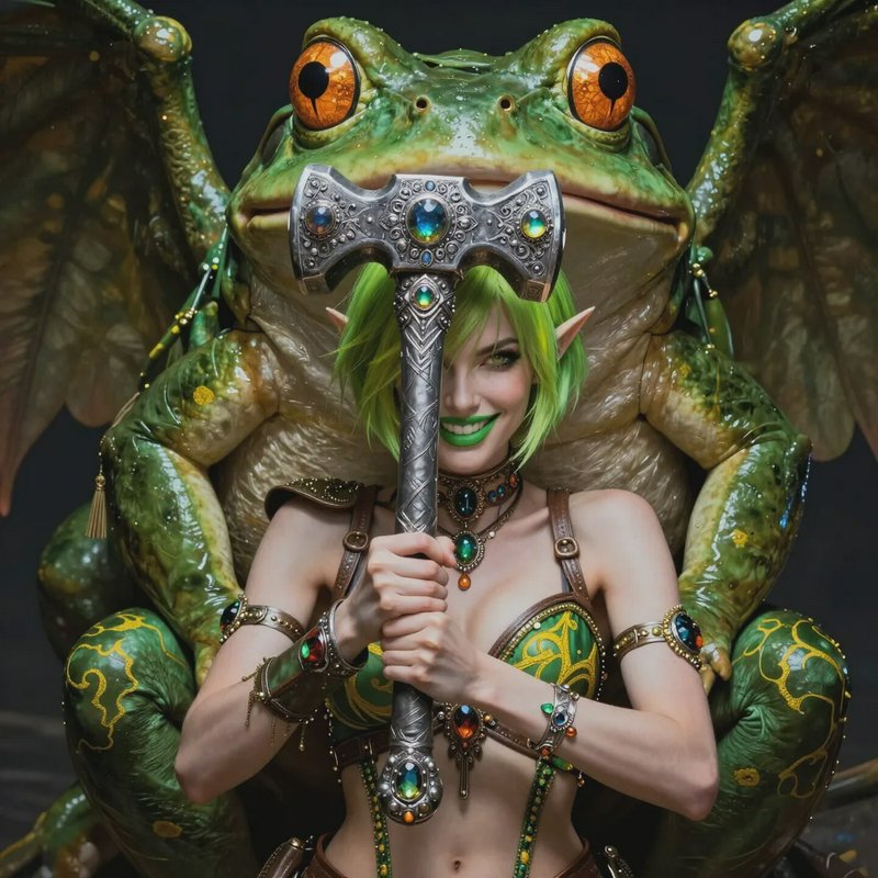 Fantasy cosplay of an elf with green hair holding an ornate battle hammer, with a large frog-drag...