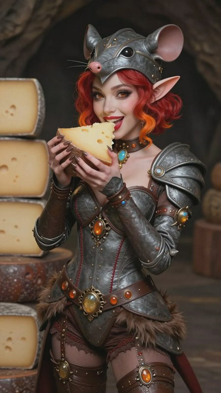 Mousefolk elf warrior in studded fantasy armor joyfully eating a slice of holey cheese next to st...