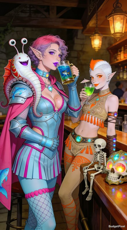 Two fantasy elf adventurers drink colorful cocktails at a cozy lantern-lit tavern with whimsical ...