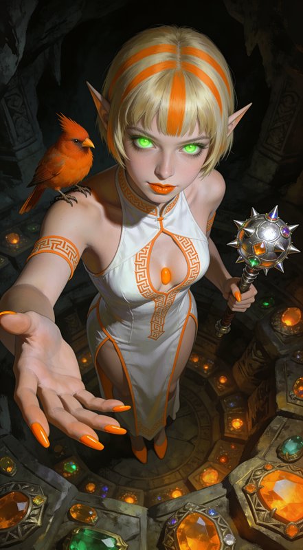 Elven sorceress extends her hand, orange bird on her shoulder, holding a gemmed mace inside a glo...
