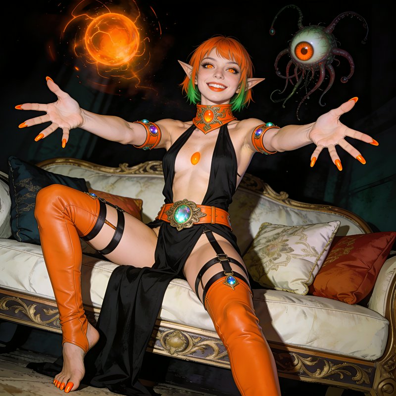 Smiling elven fantasy sorceress outstretches arms, with floating fire orb and beholder eye famili...