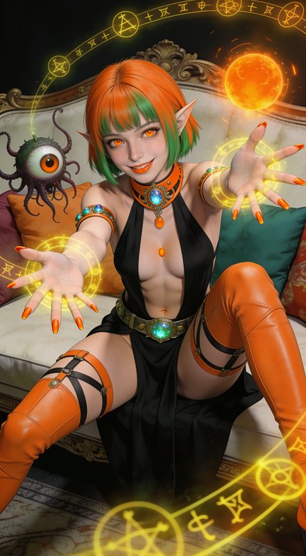 Smiling orange-green haired elf sorceress casts glowing arcane rune magic beside a floating eyeba...