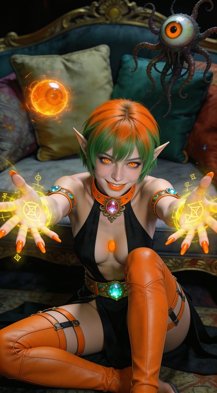 Pointy-eared elf sorceress casts glowing runic magic beside a floating tentacled eye beast