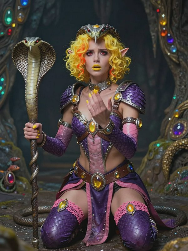 Elven fantasy sorceress with snake crown holds a cobra staff while kneeling in a gem-studded dark...