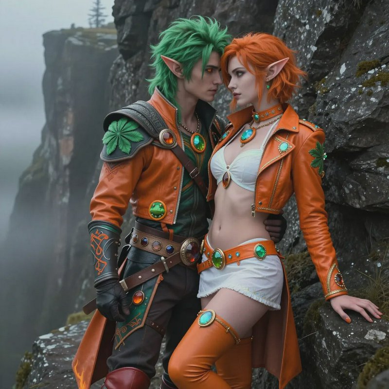 Elven couple in matching orange adventurer outfits stand intimately on a misty rocky cliff edge