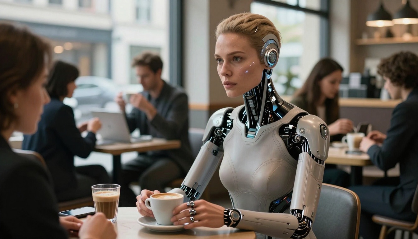 Female humanoid android holding a coffee cup while seated at a busy modern city cafe