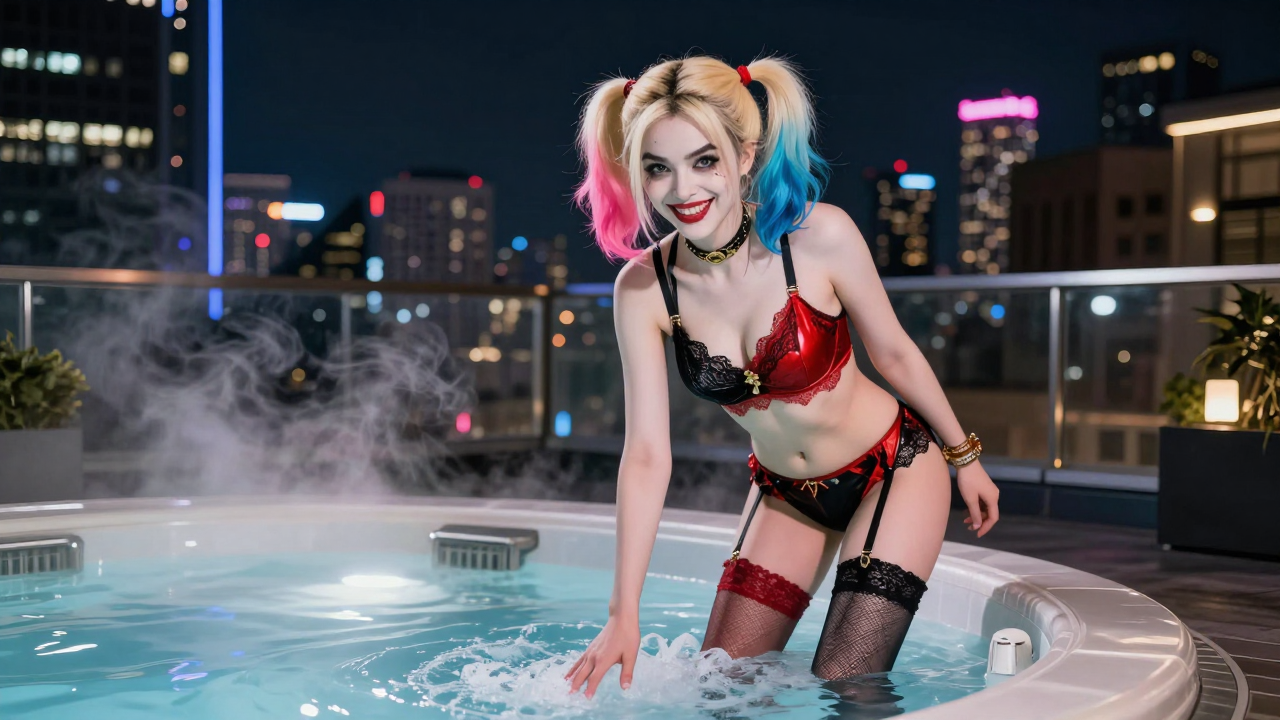 Harley Quinn cosplayer with split pink blue pigtails stepping into a steaming rooftop hot tub at night