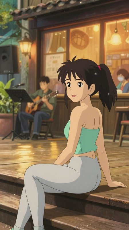 Anime-style young woman with black hair in a ponytail sits on wooden steps outside a cozy cafe at dusk.