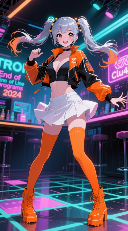 Anime-style girl with silver twin tails in an orange jacket, white skirt, and orange boots in a neon nightclub scene.