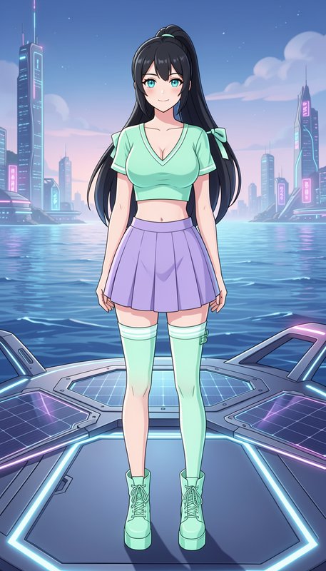 Anime girl with long black hair in a mint crop top and lavender skirt stands on a futuristic platform by a neon-lit waterf...