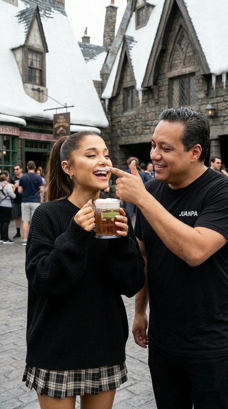 Couple in a snow-covered village sharing a beer; playful moment as he touches her nose.