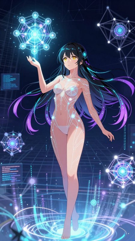 Anime cybernetic girl with glowing circuit markings interacts with floating hologram tech in a di...