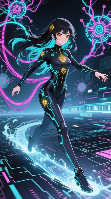 Anime cyberpunk heroine in a glowing circuit bodysuit walks across a neon digital grid virtual en...
