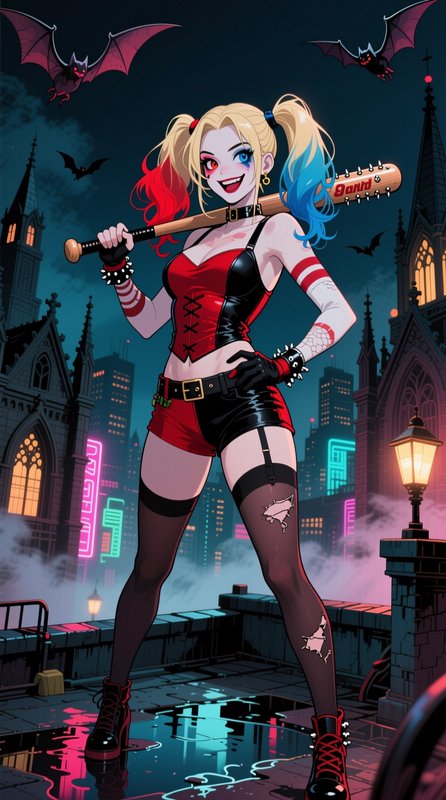[Anime-style Harley Quinn holding a spiked baseball bat on a foggy neon Gotham rooftop at night with flying bats]