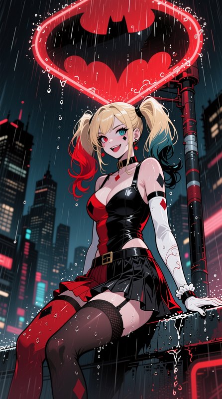Anime style Harley Quinn sits on a rainy Gotham rooftop under a glowing red neon heart bat signal...